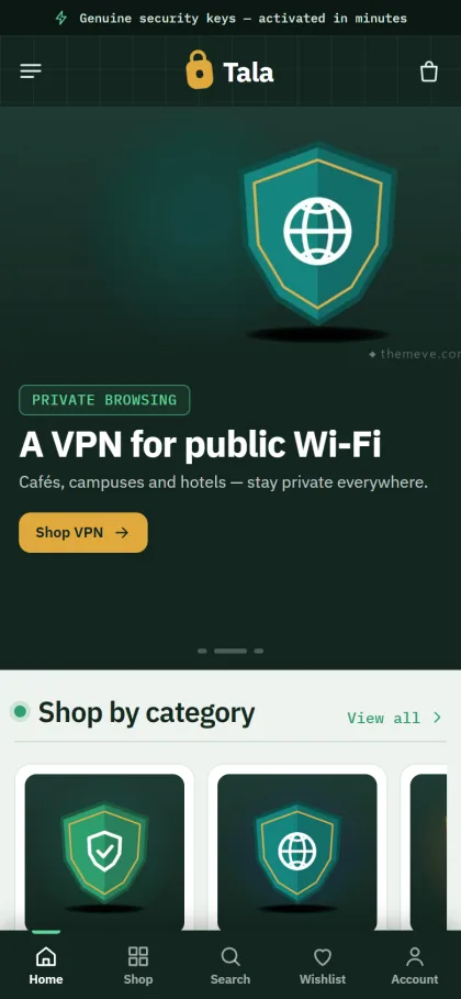Tala security software shop on a mobile phone with shield category tiles