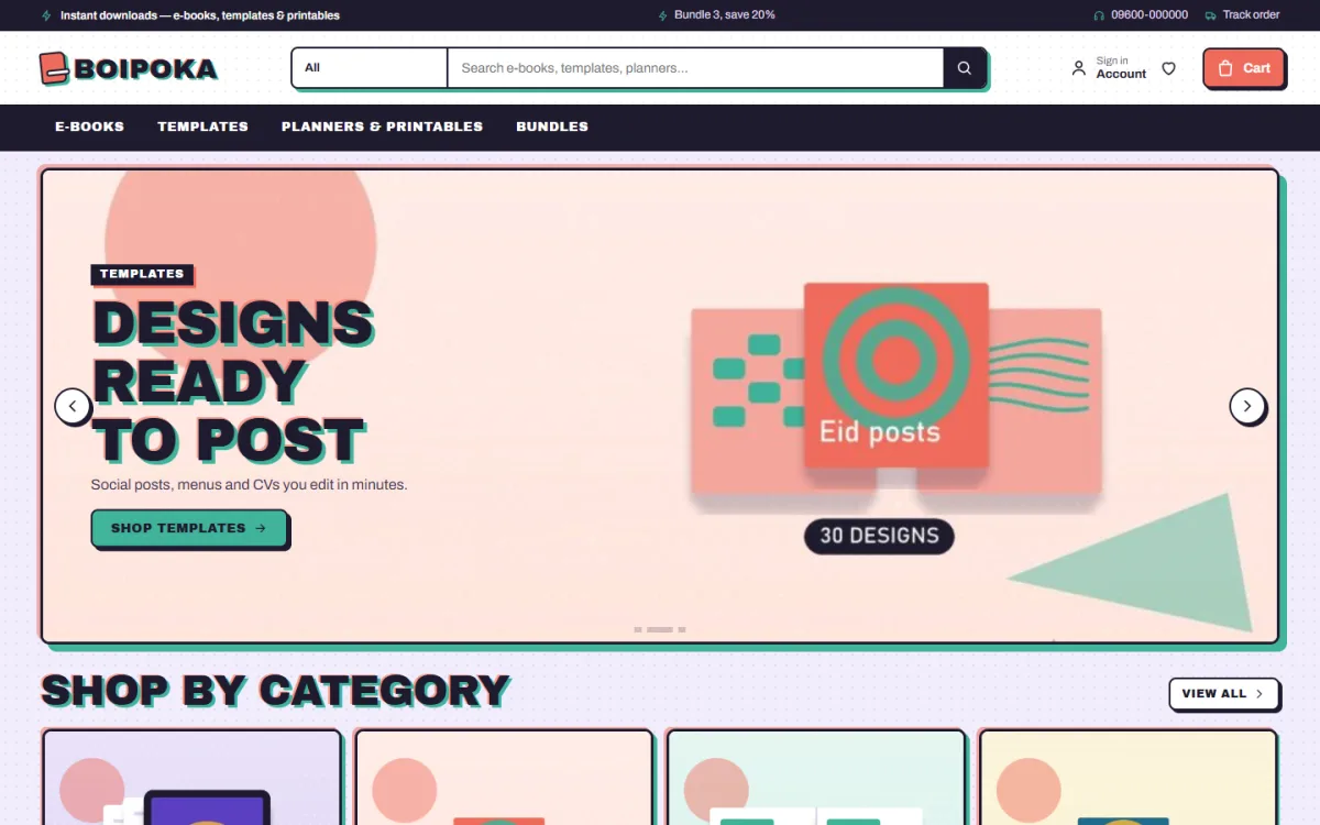Ebook store website design template – Boipoka on desktop and mobile