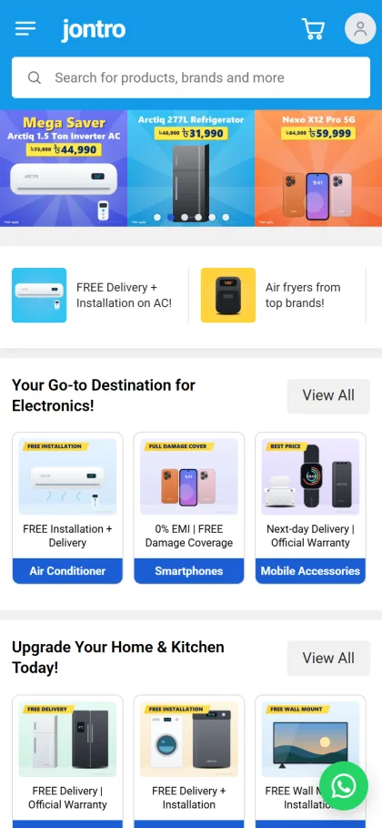 Jontro electronics store on a mobile phone with search under the header and category cards