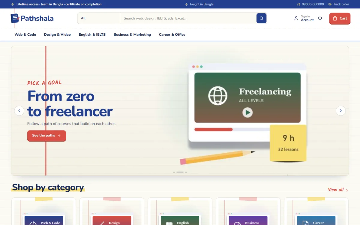 Pathshala theme homepage showing how to sell online courses with learning paths