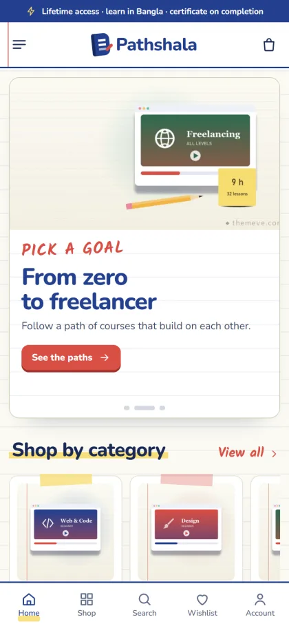 Pathshala course shop on a mobile phone with the From zero to freelancer slide