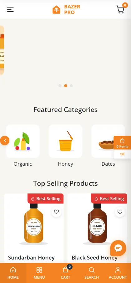 Bazer Pro food store on a mobile phone with Best Selling honey products and an orange bottom navigation bar