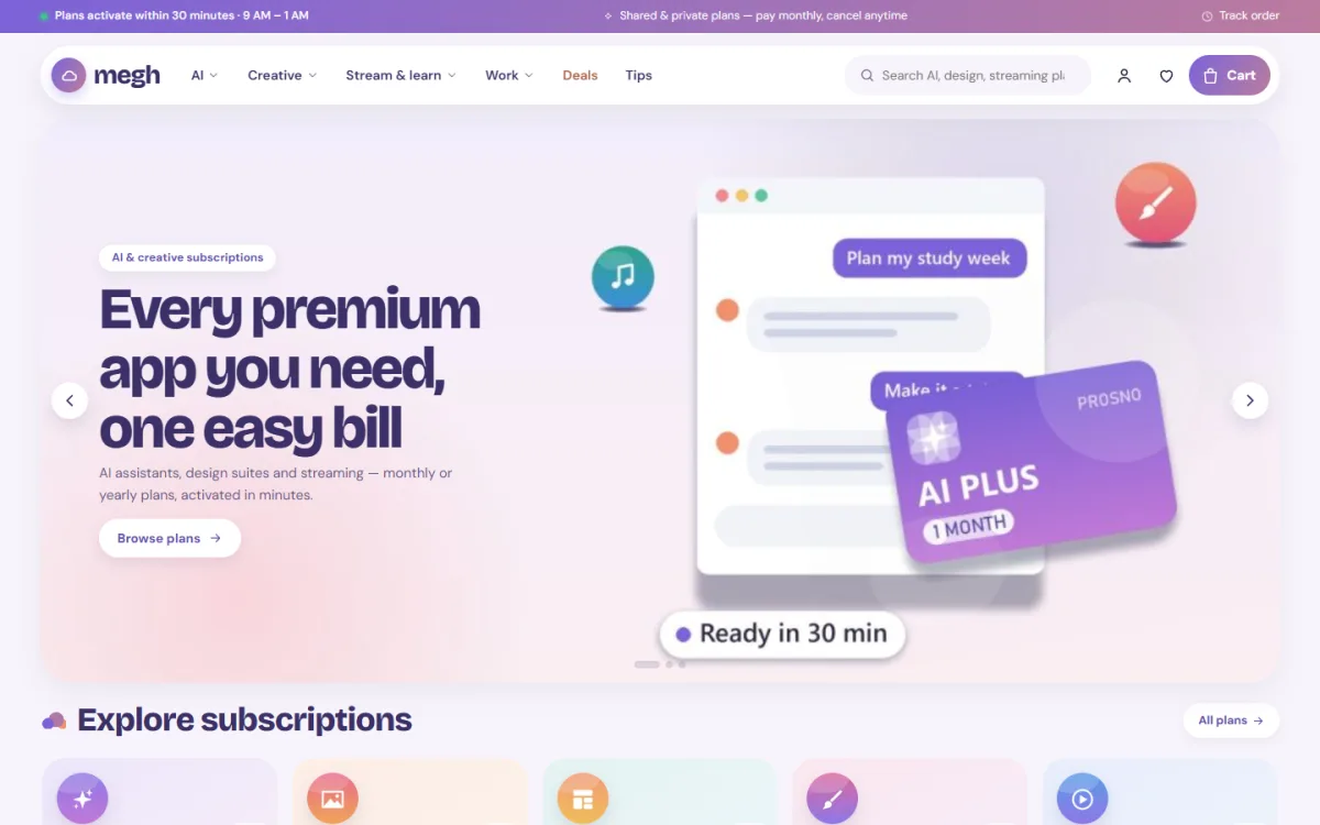 Megh subscription store homepage explaining how to sell subscriptions online