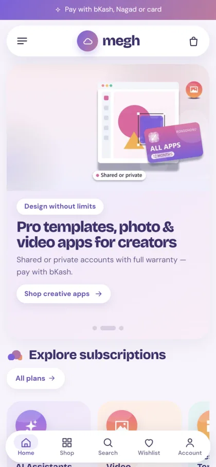 Megh plan shop on a phone with capsule header, creative apps slide and subscription tiles