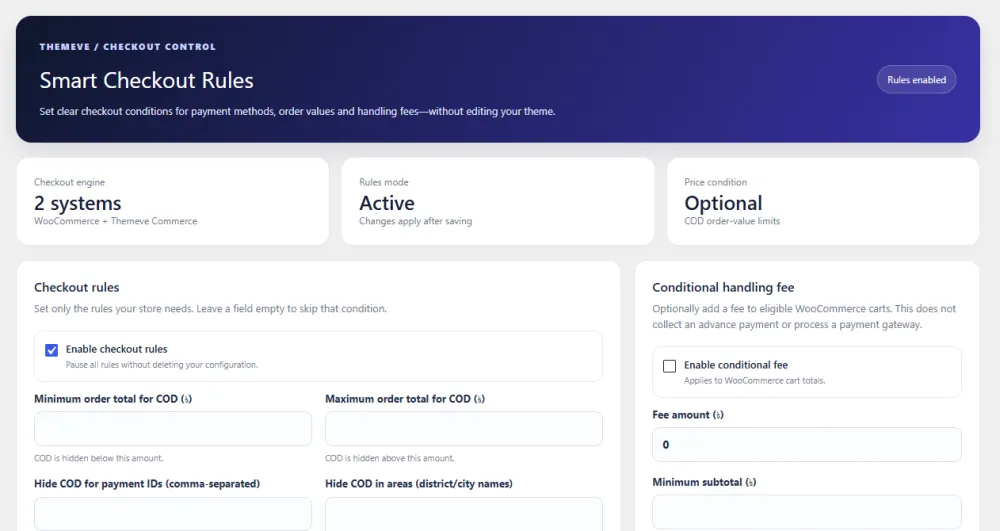 How to set cash on delivery woocommerce β Smart Checkout Rules settings screen