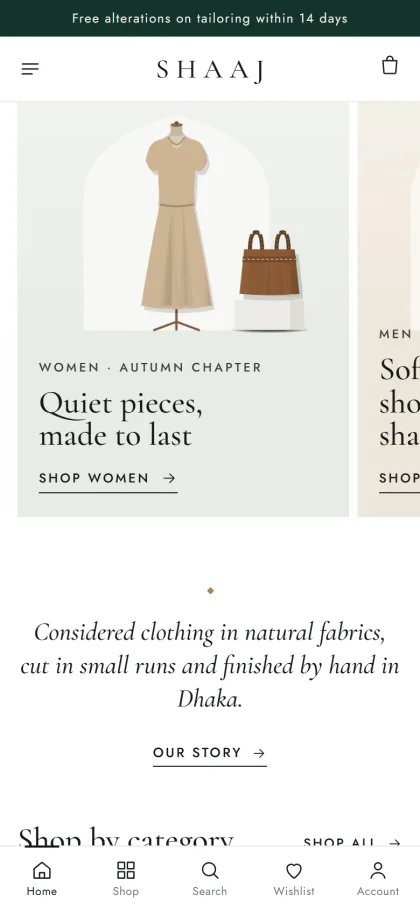 Shaaj boutique store on a mobile phone with a hero panel, brand statement and bottom navigation bar