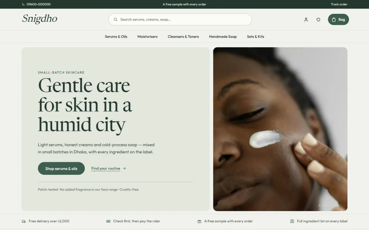 Snigdho skincare shop homepage on a desktop with a sage hero panel, a tall photo and a promise line