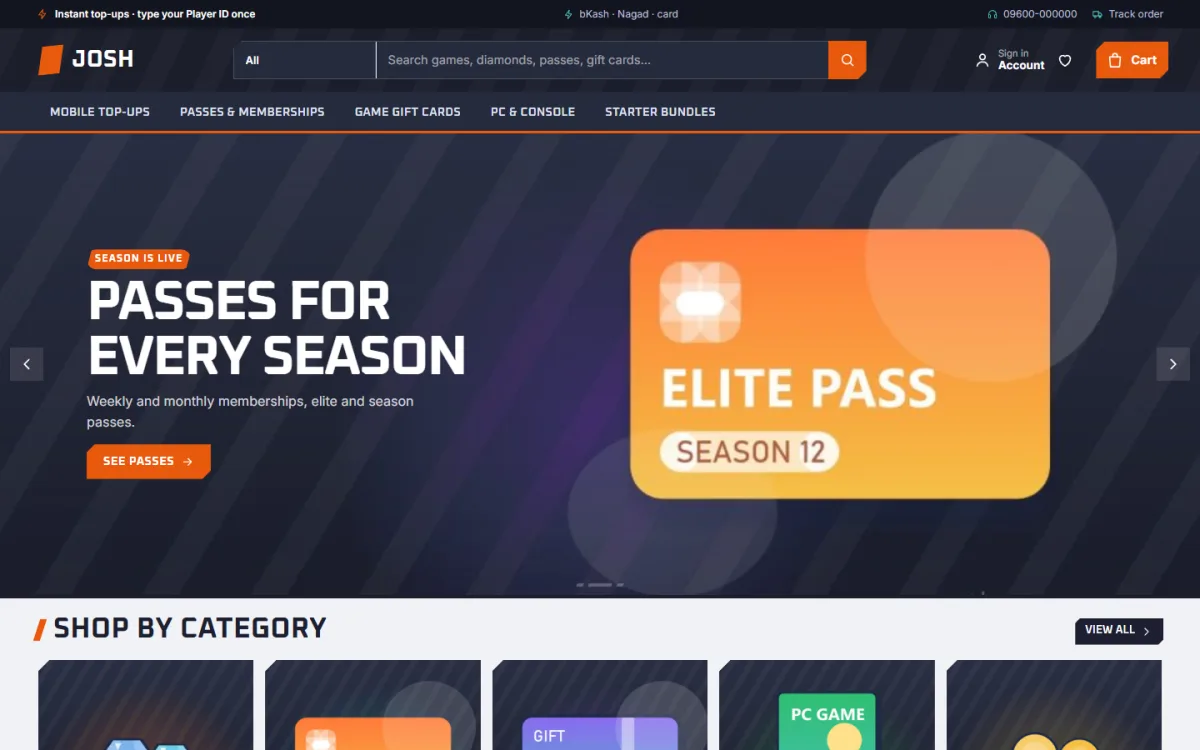 Josh theme homepage showing how to start a gaming store online