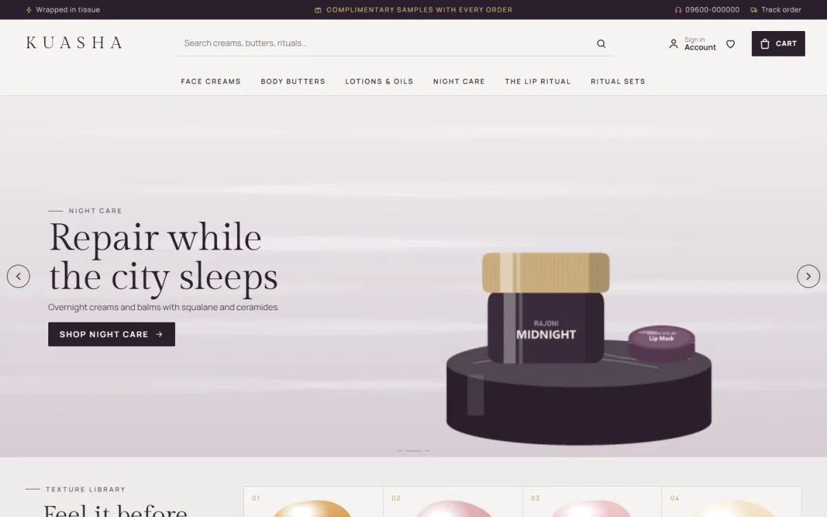 Cosmetic website design template – Kuasha on desktop and mobile