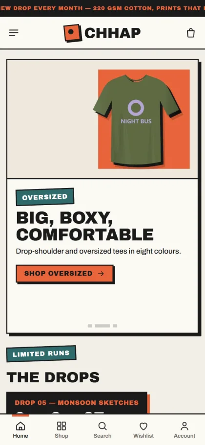 Chhap tee store on a mobile phone with the drops section