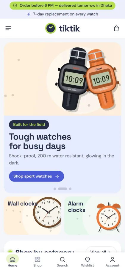 Tiktik smartwatch and clock shop on a mobile phone
