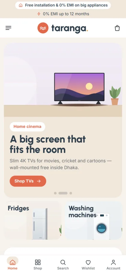 Mobile view of a home electronics shop website with TV slide and fridge and washer tiles