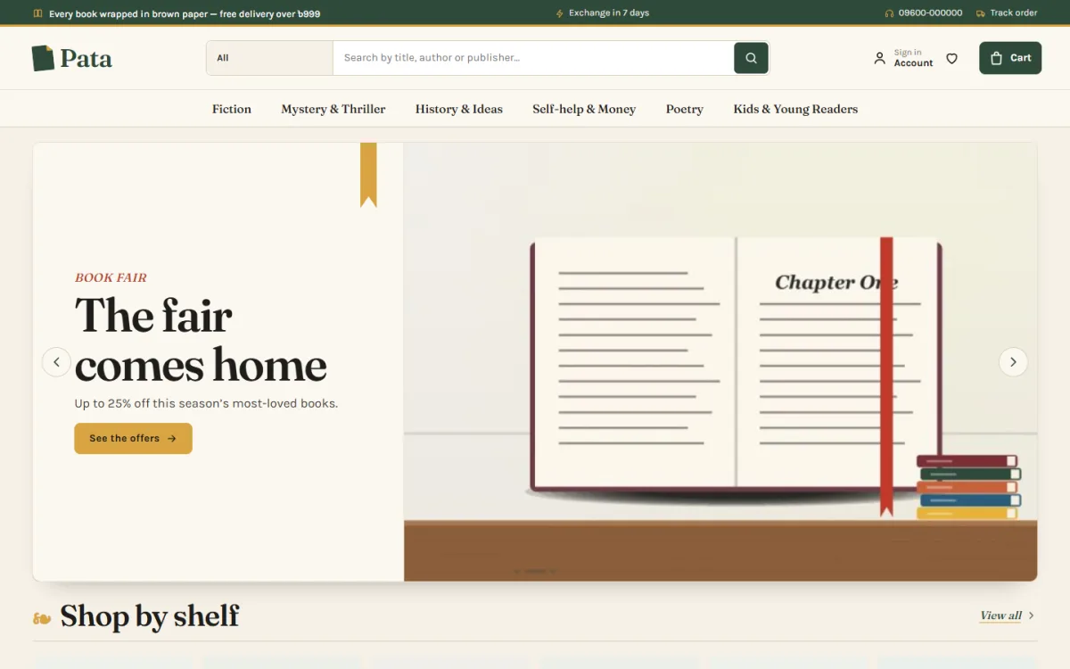Library green bookshop homepage illustrating how to start an online bookstore