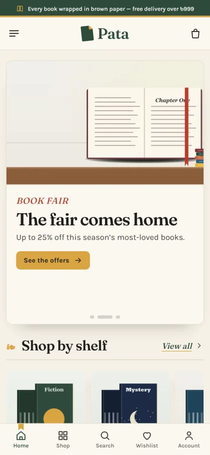 Mobile view of an online bookstore with the book fair slide and Shop by shelf covers