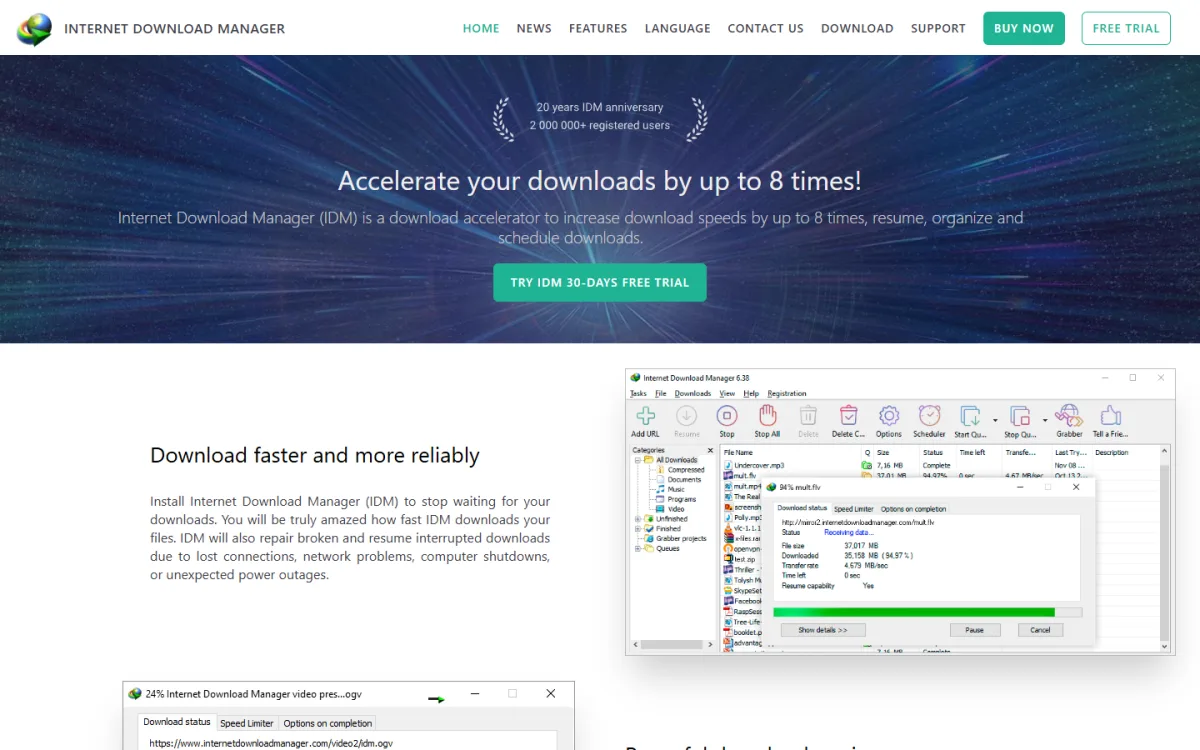 Official IDM website on desktop with the 30-day free trial button and the download window