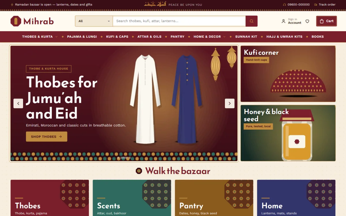 Islamic website template Mihrab homepage on a desktop with thobe hero slider and bazaar tiles