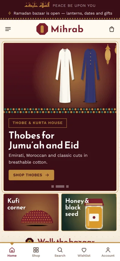 Mihrab Islamic bazaar theme homepage on a mobile phone