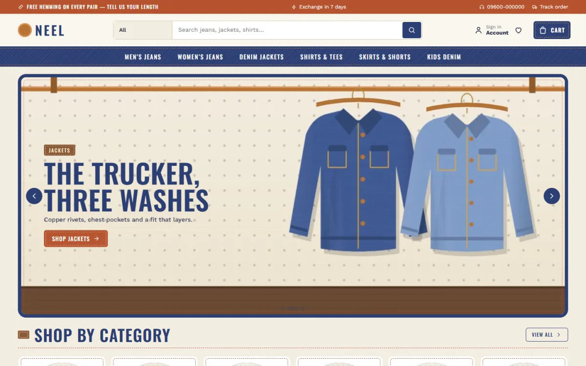 Neel jeans website template homepage on a desktop with a denim jacket hero slider