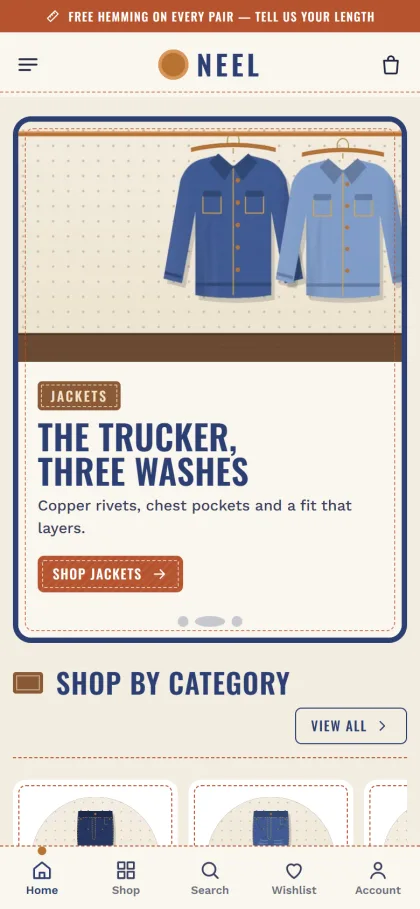 Neel denim store on a mobile phone with hero slider and bottom menu
