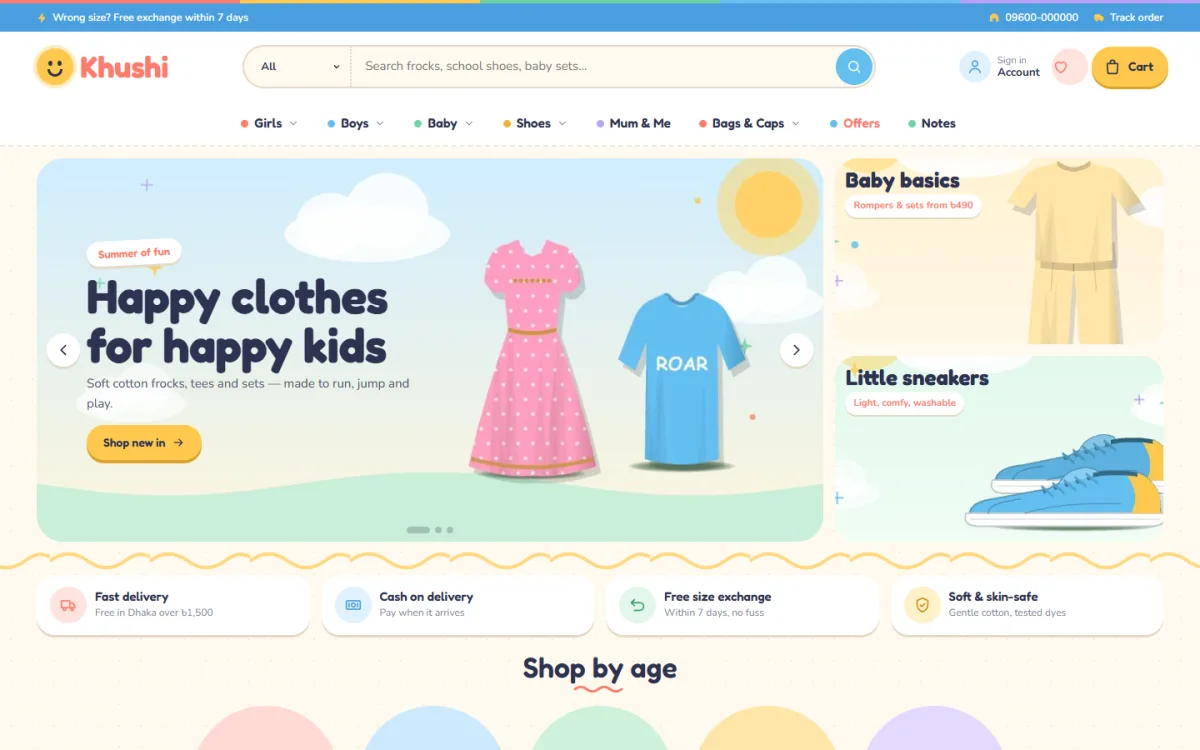 Khushi store for kids clothes online on a desktop, with hero slider, side cards and age menu