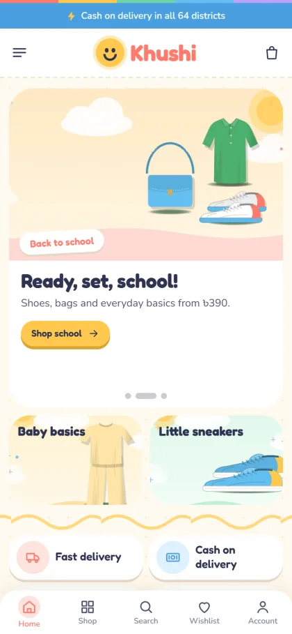 Khushi kidswear shop on a mobile phone with a back to school slide and bottom menu bar