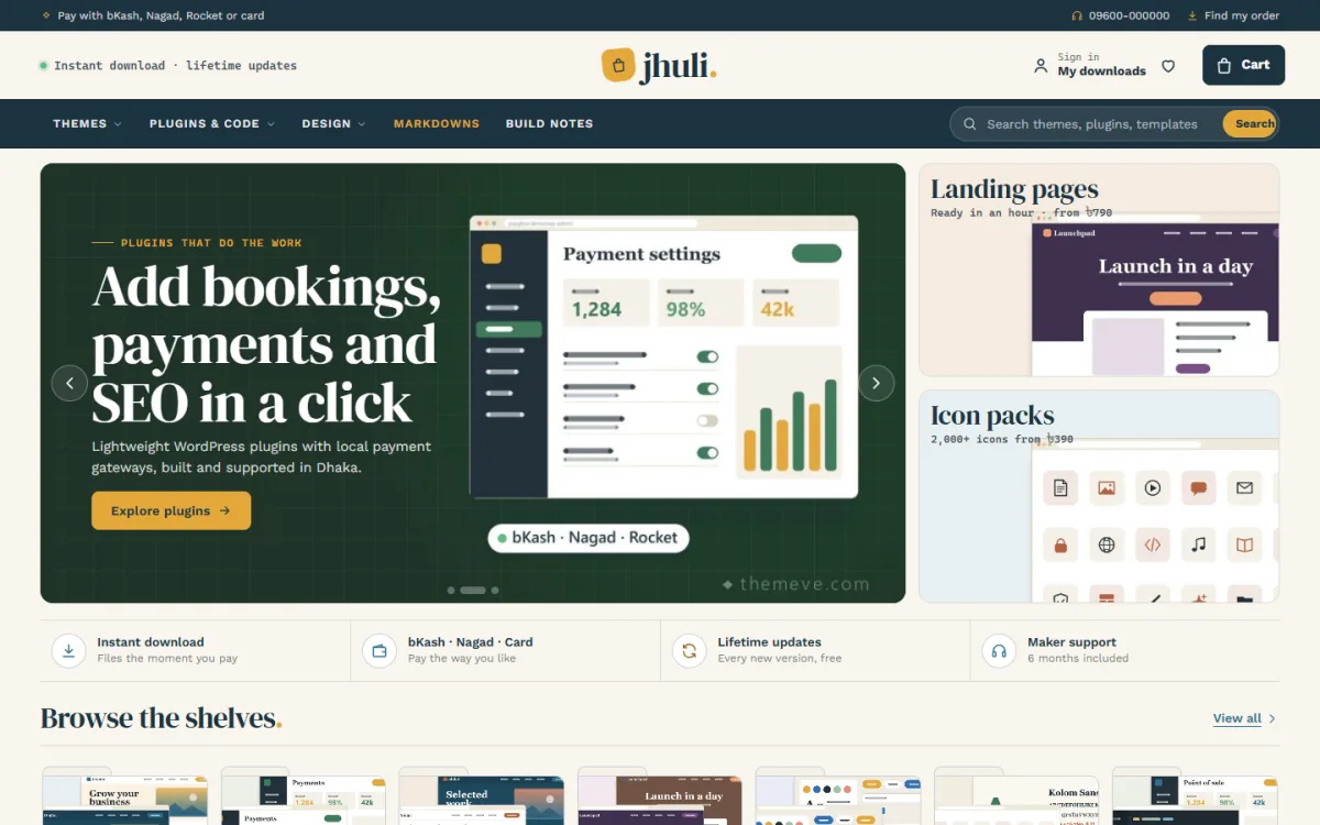 Jhuli marketplace website template on a desktop with shelf menu, plugin hero slide and landing page and icon pack cards