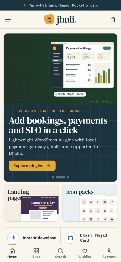 Jhuli digital marketplace on a phone with the plugin slide, landing page and icon pack cards
