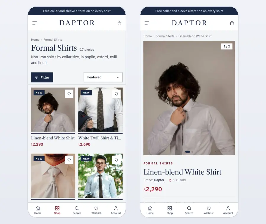 Men clothing website design on mobile – Daptor category and product pages