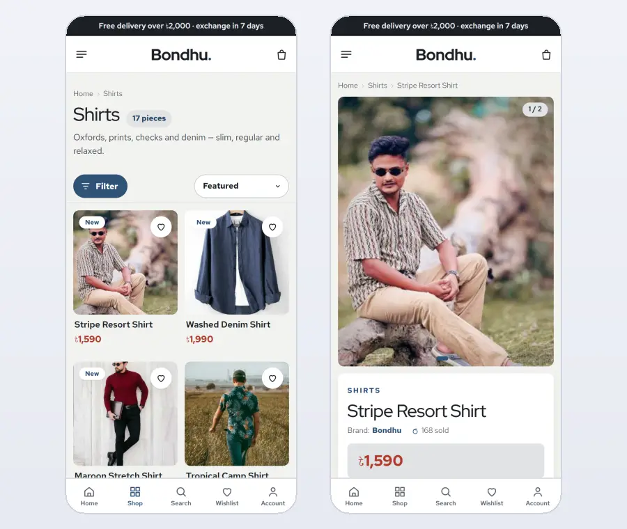 Men fashion website design on mobile – Bondhu category and product pages