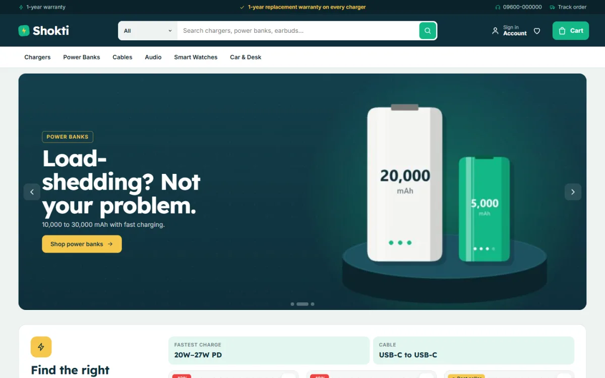 Shokti tech accessories theme homepage on a desktop, built for a mobile accessories business