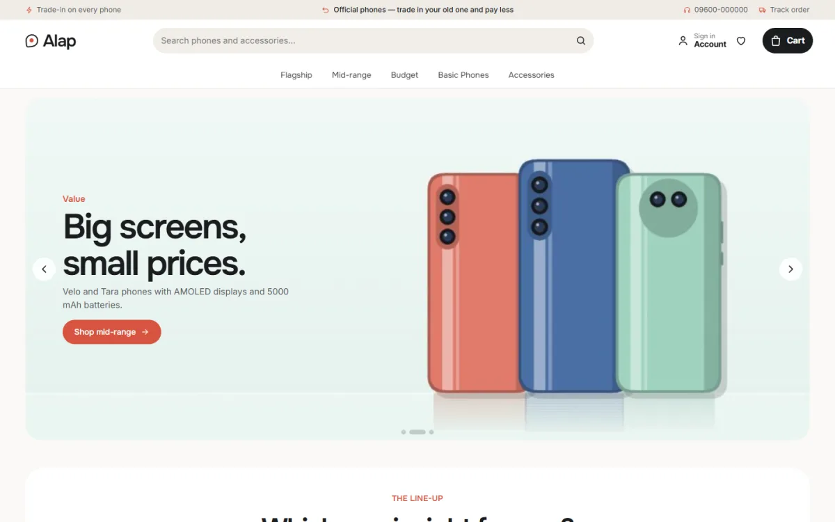 Alap mobile shop website template on a desktop with price-band menu and hero line-up