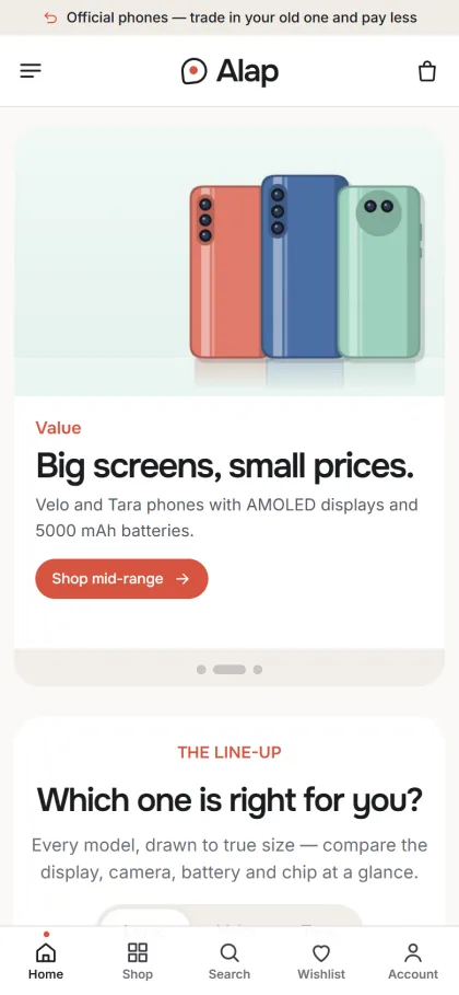 Alap phone shop on a mobile with Value slide and the Which one is right for you line-up