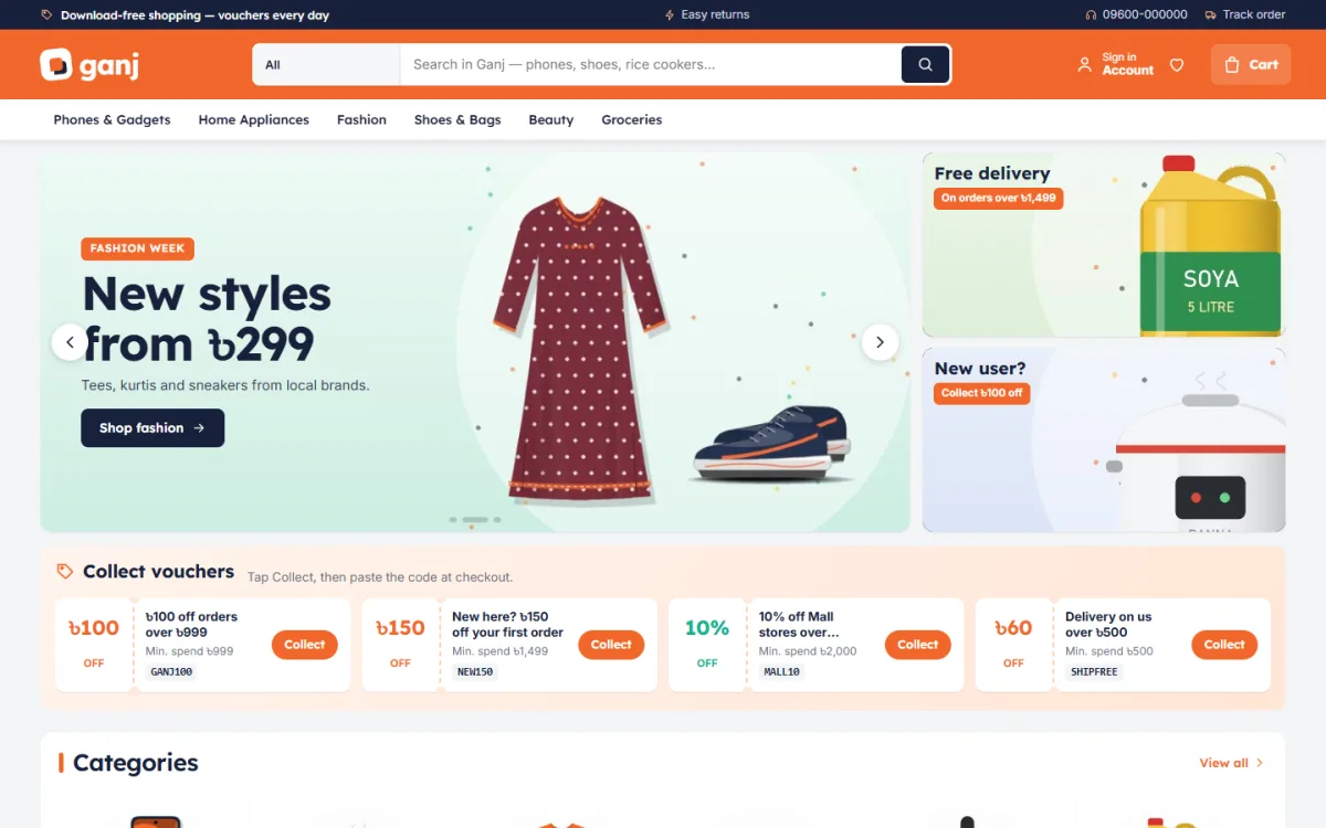 Ganj theme homepage for a multi vendor marketplace website in Bangladesh