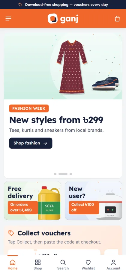 Ganj marketplace store on a phone with the fashion slide, offer cards and vouchers