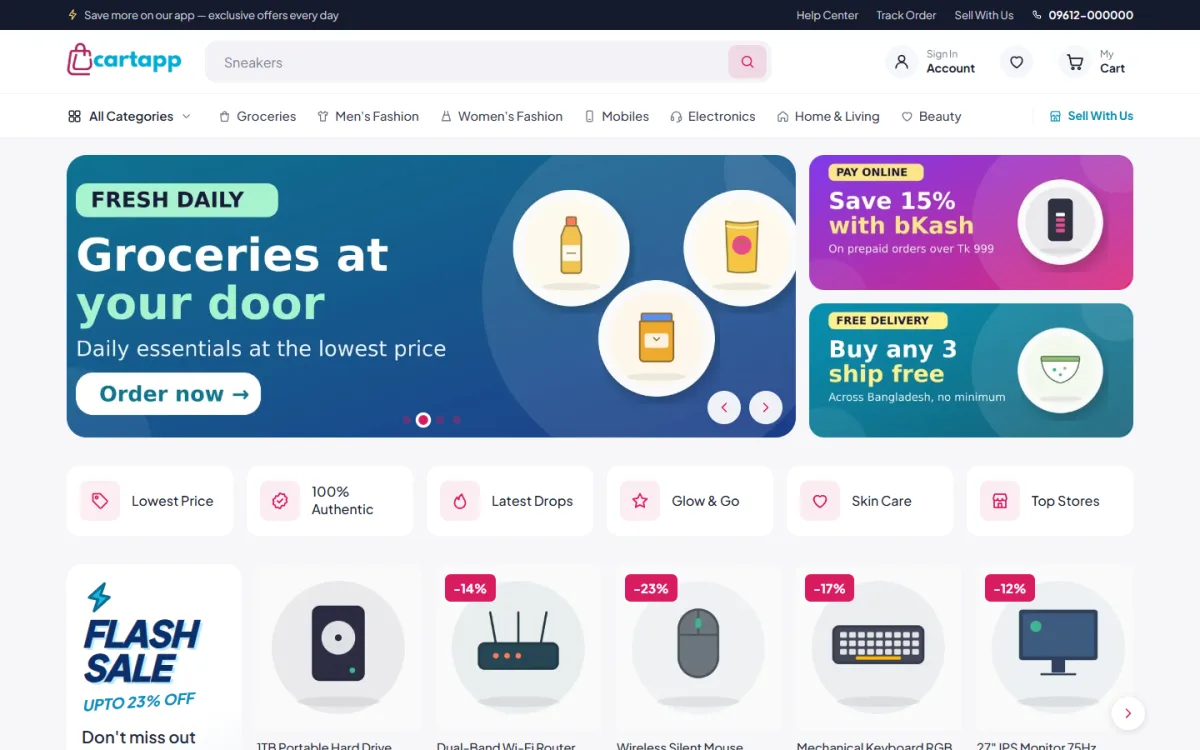 Cartapp multi vendor website template on a desktop with category menu, grocery slide, promo tiles and flash sale