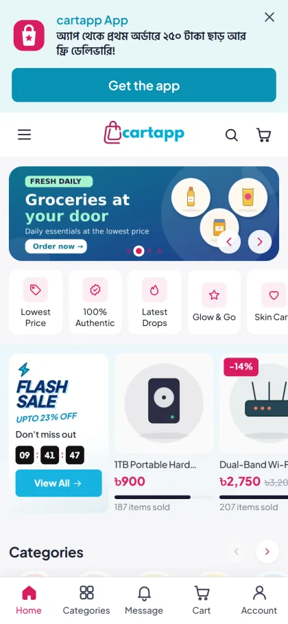 Cartapp marketplace on a phone with app banner, grocery slide, quick tiles and flash sale countdown
