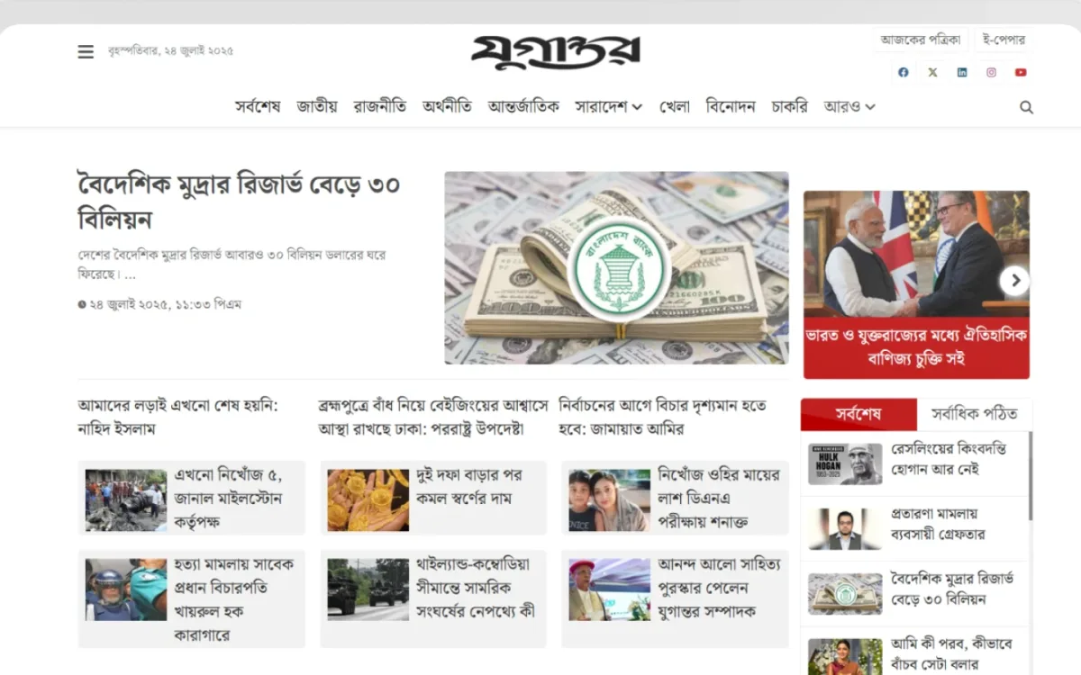 Jugantor newspaper website template WordPress homepage on a desktop screen