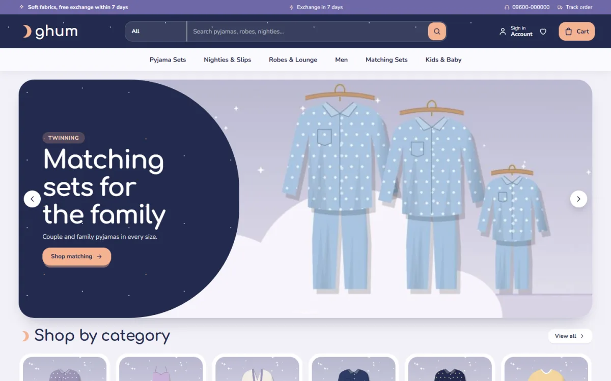 Ghum homepage for a nightwear brand on a desktop with a matching family pyjamas slide
