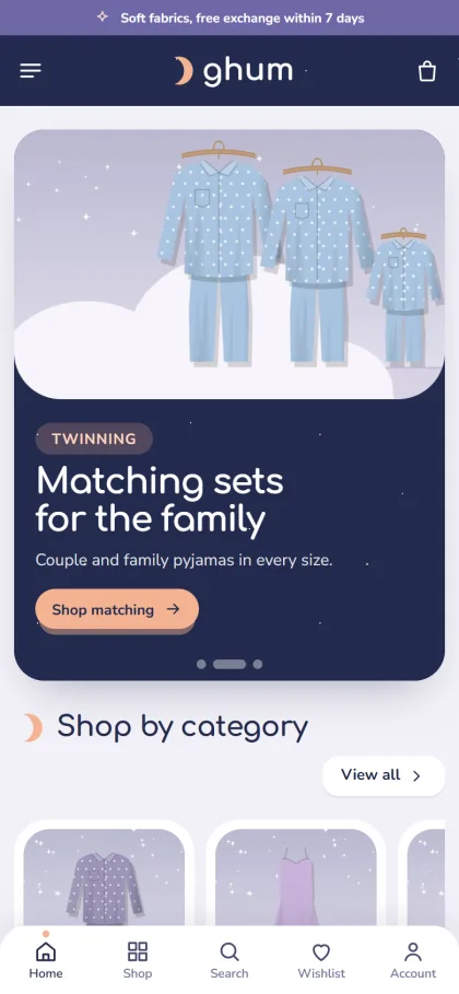 Ghum nightwear online shop on a mobile phone with the twinning slide and bottom menu