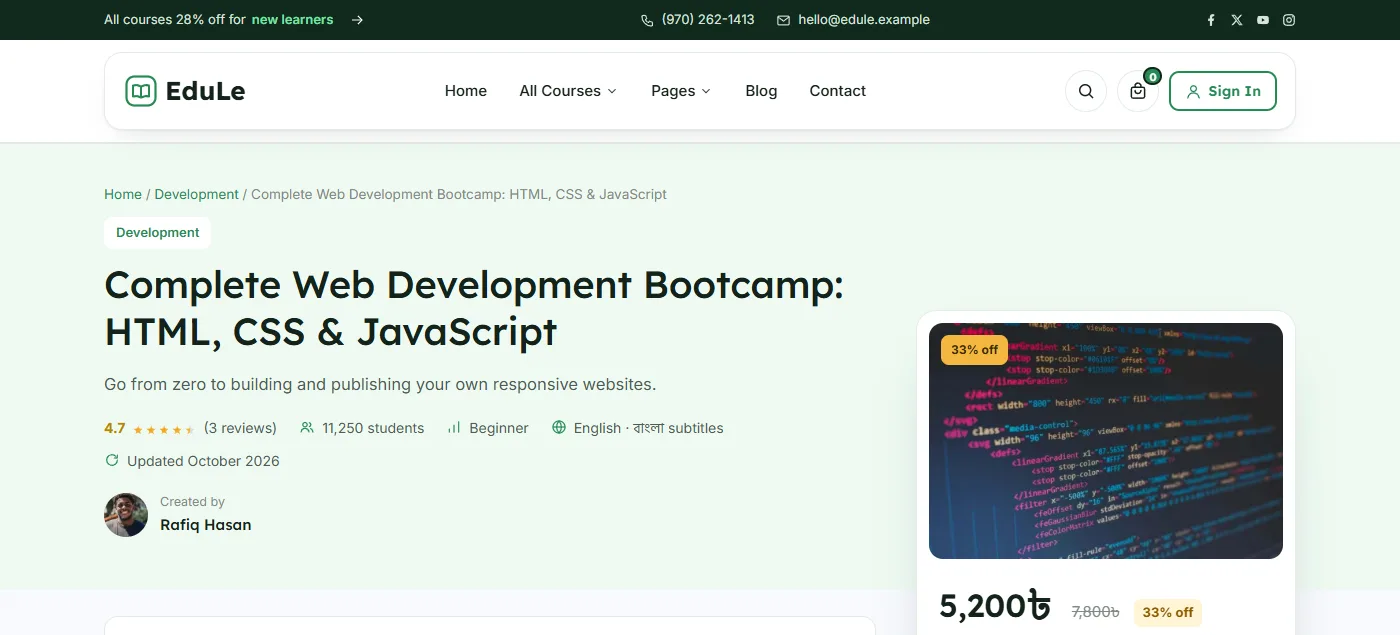 Online learning website design example: EduLe course page
