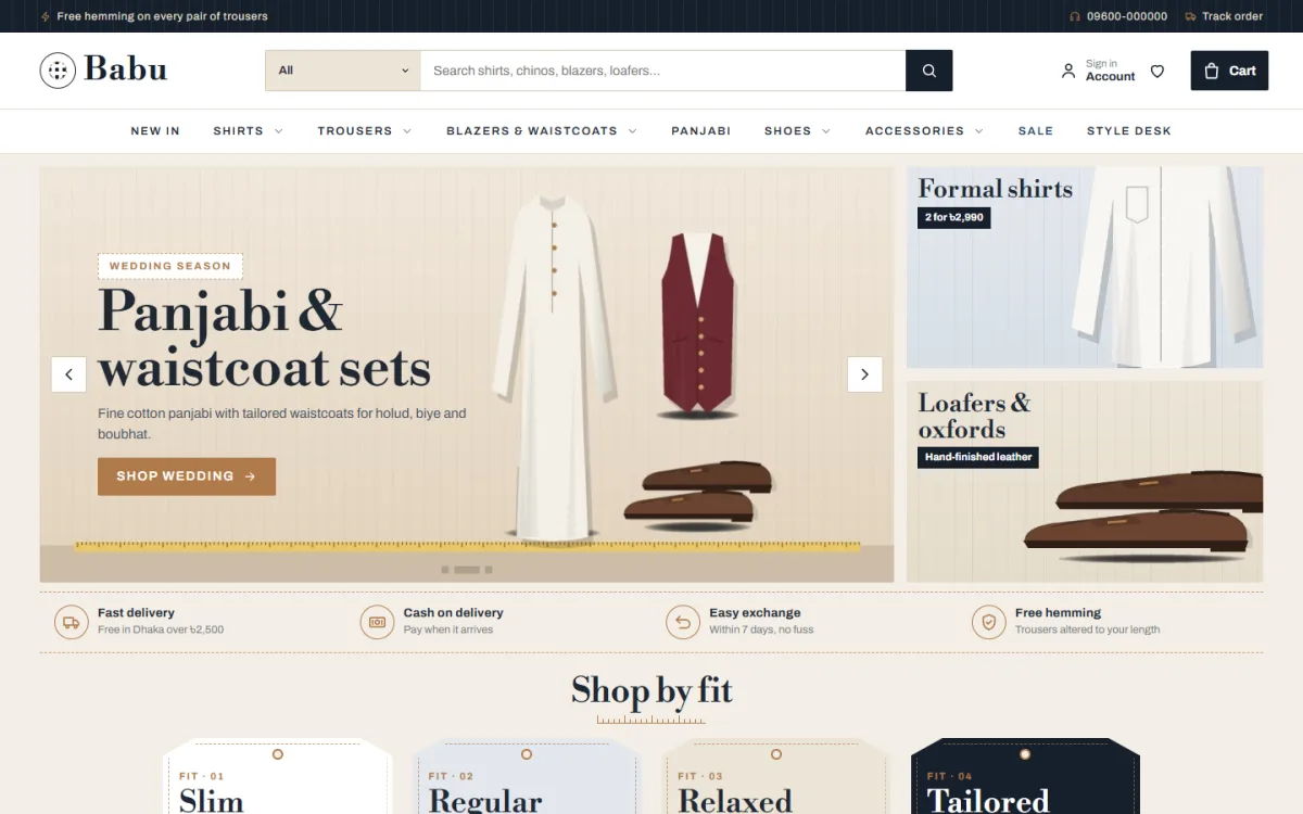 Babu online menswear store homepage with a panjabi and waistcoat slide and shop by fit tags