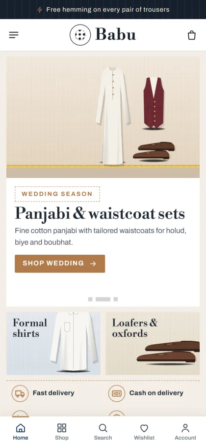 Babu menswear shop on a mobile phone with wedding season slide and promise strip