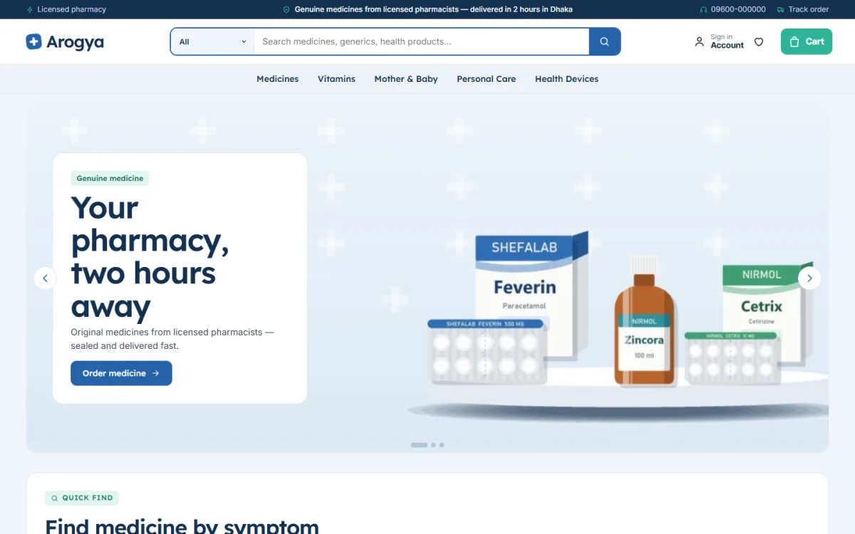 Pharmacy website ideas – Arogya on desktop and mobile