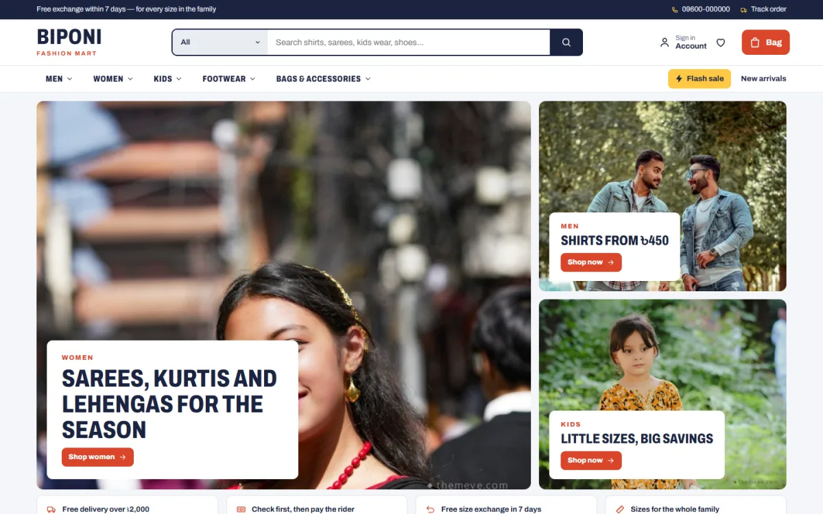 Biponi online shop website template homepage with department menu and hero photo tiles