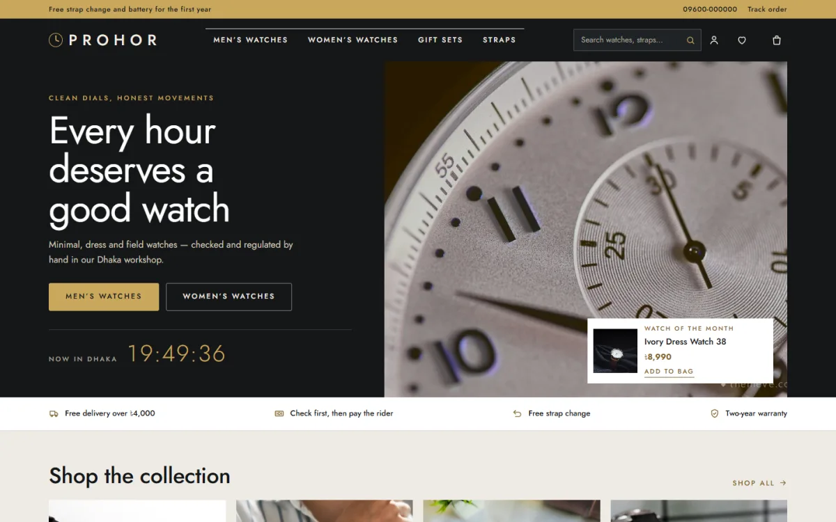 Online watch store homepage on a desktop with a dial photo, live clock and watch of the month card