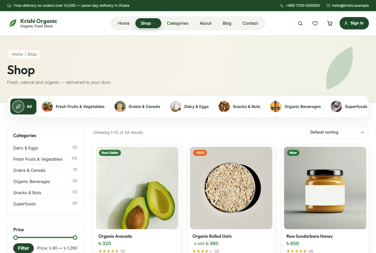 Organic food store ecommerce website design – Krishi shop page with product grid