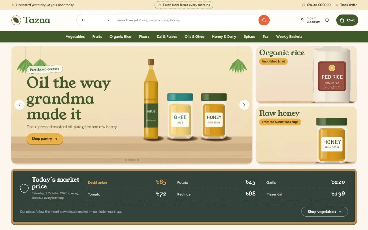 Tazaa organic food website template on a desktop with a market price board and pantry slider