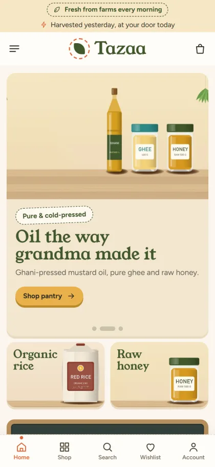 Tazaa organic grocery store on a mobile phone with a pantry slide and a bottom menu bar