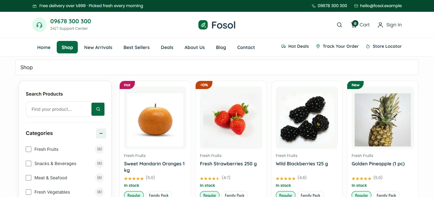 Organic grocery store website example: Fosol demo shop