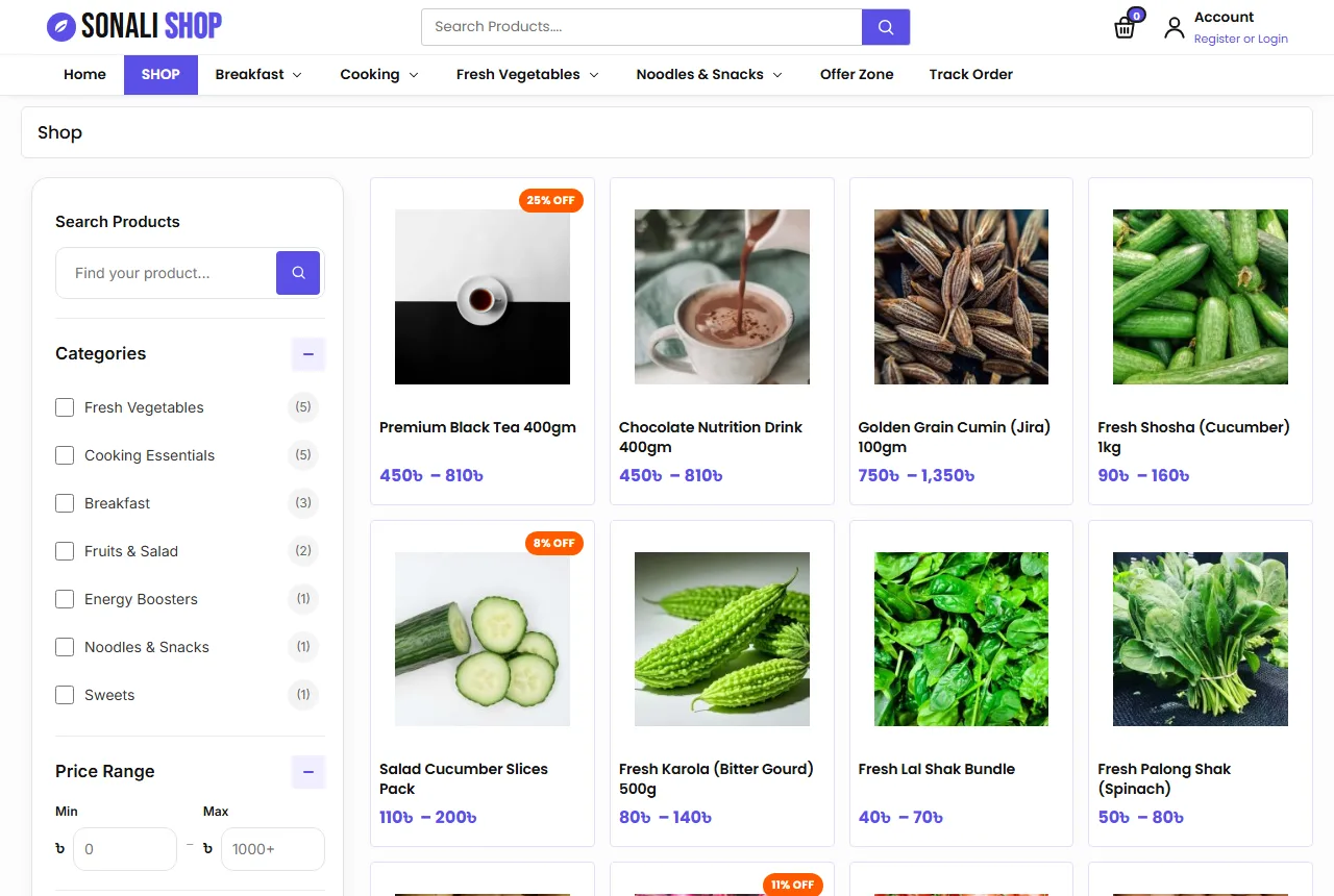 Organic shop website design template example: Sonali demo shop